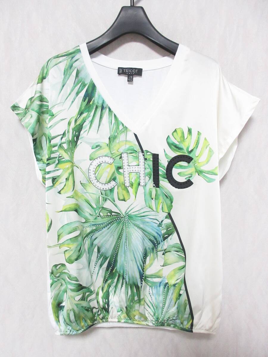 TRICOT CHIC トリコットシック リーフプリント ラインストーン 半袖 Tシャツ カットソー レディース 42 グリーン ホワイト yg6251拍卖