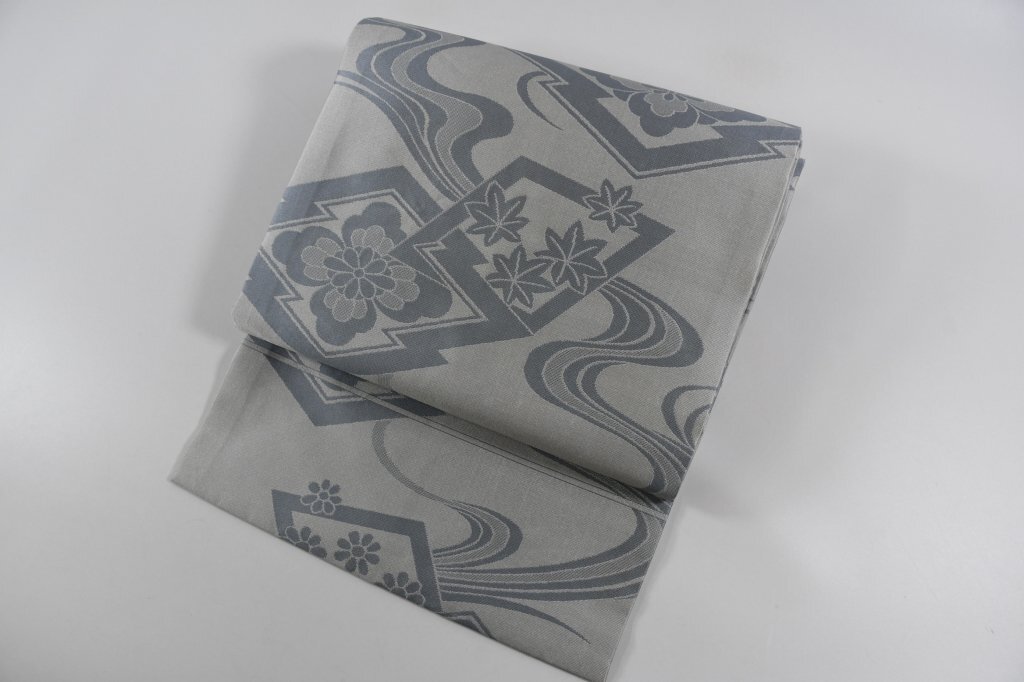 名古屋帯 松皮菱 花 観音流水 全通 帯丈358cm ★着物屋 ne-12004 桜庭呉服店拍卖