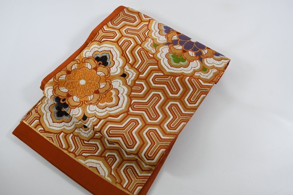 袋名古屋帯 毘沙門亀甲 洋花 唐花文様 踊り 舞台 正絹 帯丈 390㎝ ★着物屋 ne-12091 桜庭呉服店拍卖