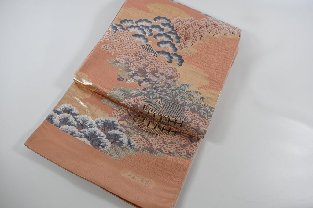袋帯 風景 金糸 観音流水 洛園寺 錦袋 洛園 雲 正絹 帯丈438cm ★着物屋 ne-12092 桜庭呉服店拍卖
