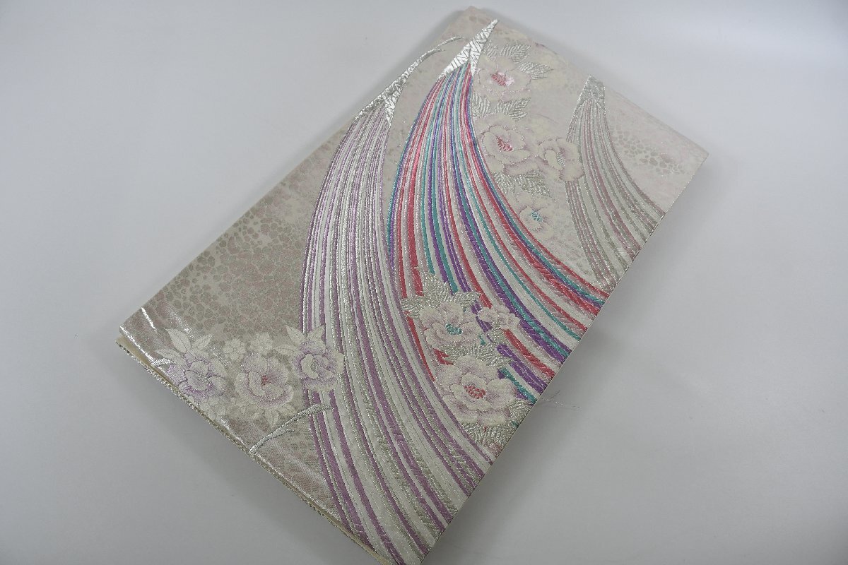 袋名古屋帯 花 銀糸 正絹 六通柄 成人式 パーティー 婚礼 帯丈408cm ★着物屋 ne-11649 桜庭呉服店拍卖