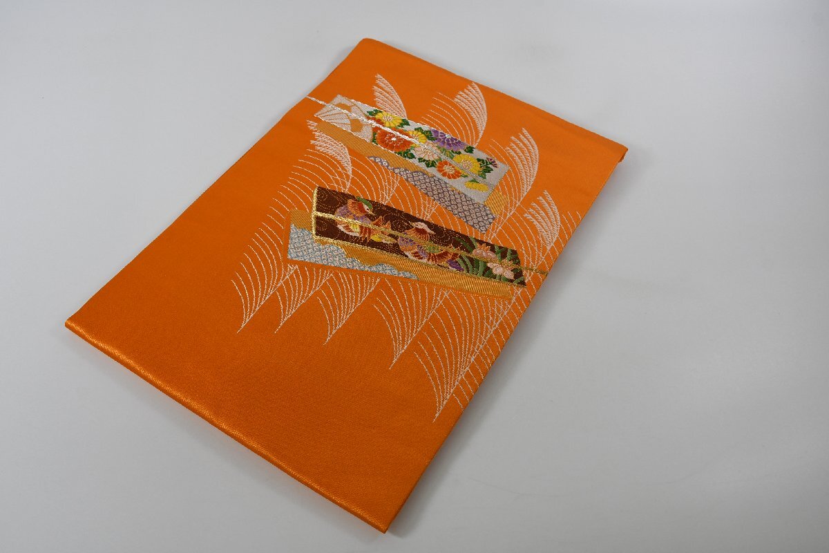 名古屋帯 扇 花 鴛鴦 正絹 帯丈350cm ★着物屋 ne-11684 桜庭呉服店拍卖