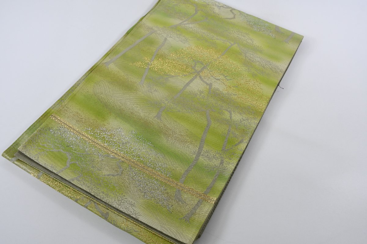 袋名古屋帯 霞 木 金銀糸 正絹 六通柄 緑系 帯丈404cm ★着物屋 ne-11670 桜庭呉服店拍卖