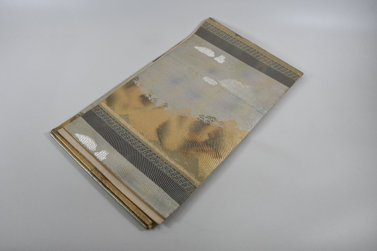 袋名古屋帯こはく錦 琥珀 服部 日本庭園風景 銀糸 正絹 六通柄 帯丈416cm ★着物屋 ne-11705 桜庭呉服店拍卖