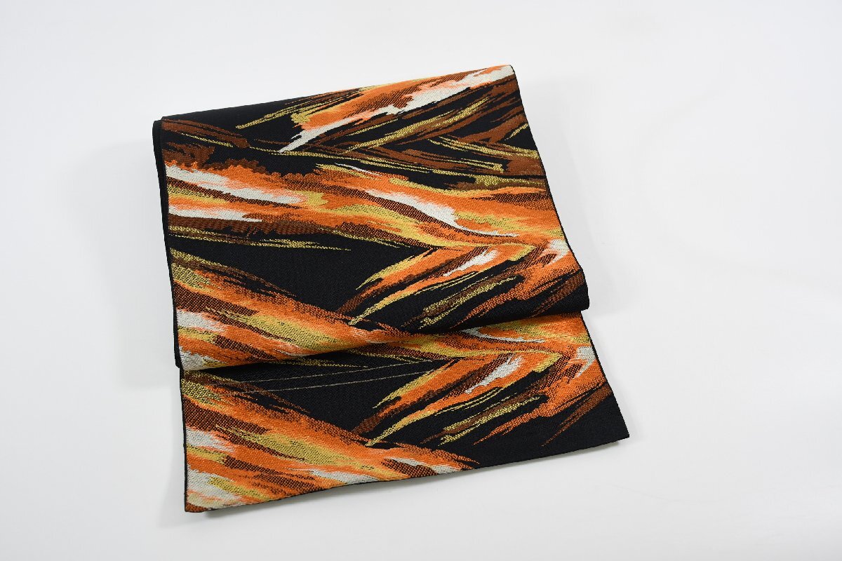 名古屋帯 色彩 筆振り 菱文 正絹 帯丈350cm ★着物屋 ne-11855 桜庭呉服店拍卖