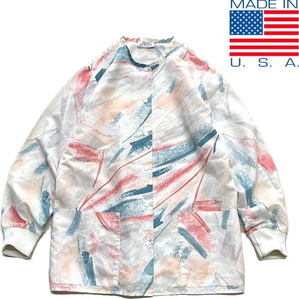 1点物◆USA製アート柄スクラブジャケット白カバーオール古着メンズレディースOK90sストリート/スポーツUSブランド中古ブルゾンコート373366拍卖