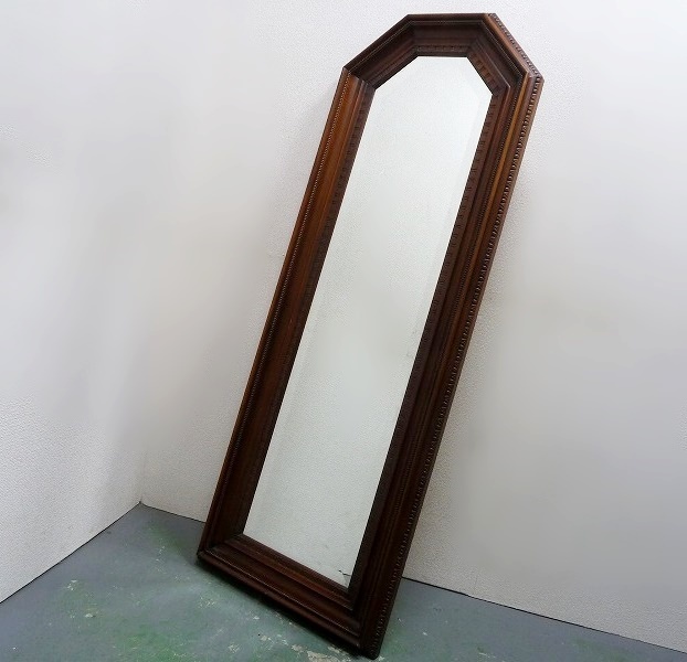 (☆BM)ミラー(0913-②)立て掛け式 置き型 鏡 木製フレーム シンプル 縦136.5×49㎝ クラッシックレトロ ダークブラウン アンティーク調拍卖