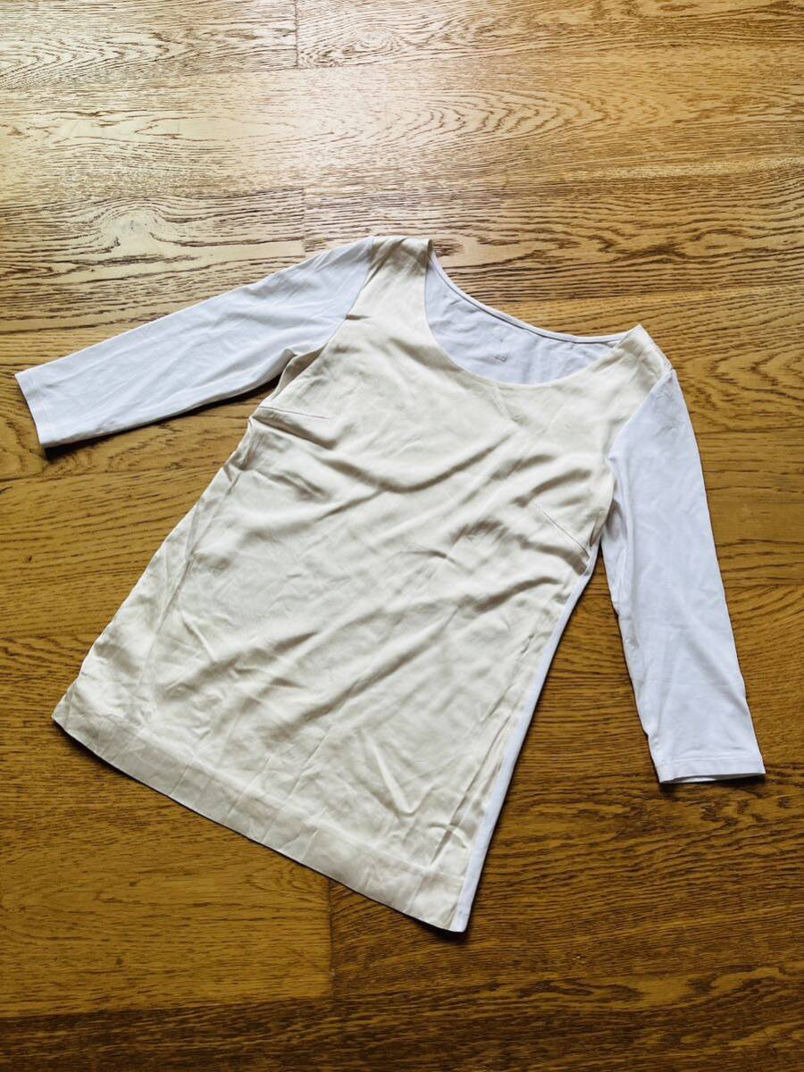 日本製 PUPULA ホワイト サテンシルク身頃7部丈袖カットソー 38拍卖