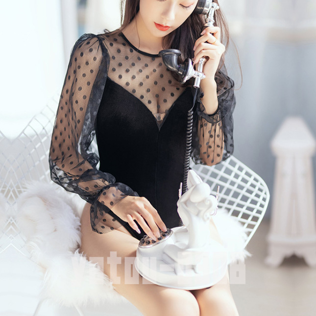 H374 コスプレウェア 長袖 透け透け シースルー 水玉模様 ベルベット生地 レオタード セクシーランジェリー ナイトウェア拍卖