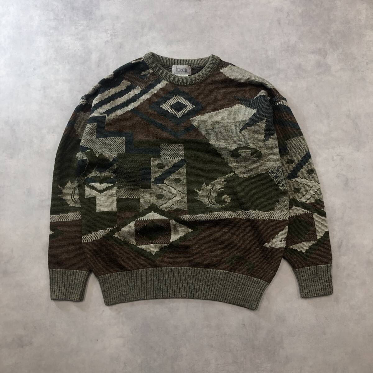 GQ416◇Tosani : 90's カナダ製 幾何学模様ニットセーター◇M◇ブラウン/グレー系 トサニ 拍卖