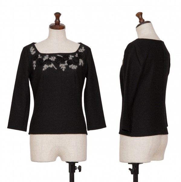 シビラSybilla フローラル装飾スクエアネックニット 黒M 【レディース】拍卖