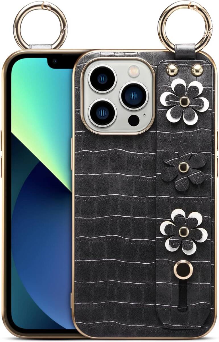 iPhone 13 Pro ケース PU皮革を手作 片手操作とリング付き携帯カバー アイフォン13プロ TPUパイピング (ブラック) P143拍卖