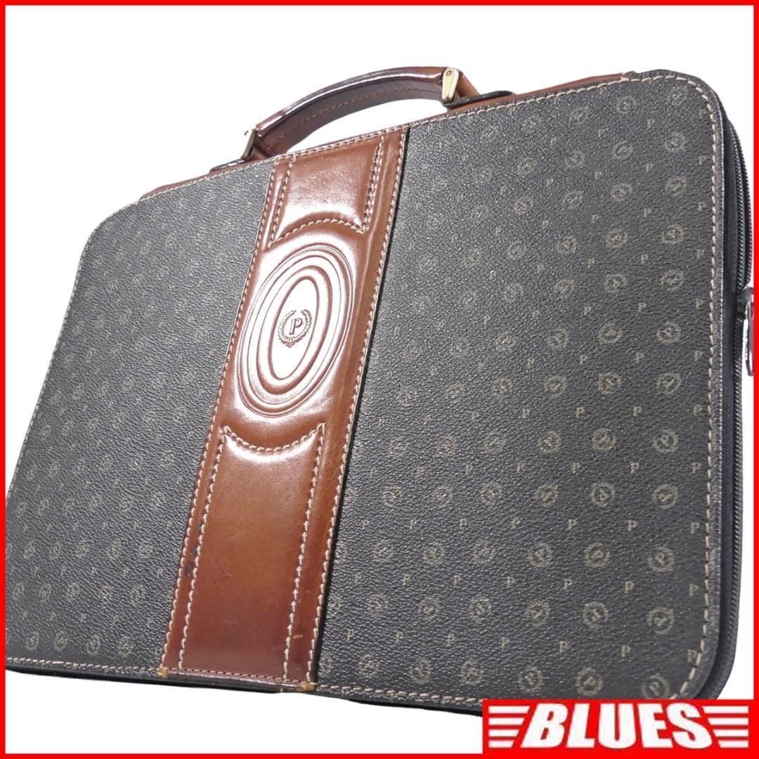 即決★イタリア製 Pollini★オールレザービジネスバッグ ポリーニ メンズ 黒 モノグラム 本革 ブリーフケース 本皮 通勤 カバン 鞄 かばん拍卖