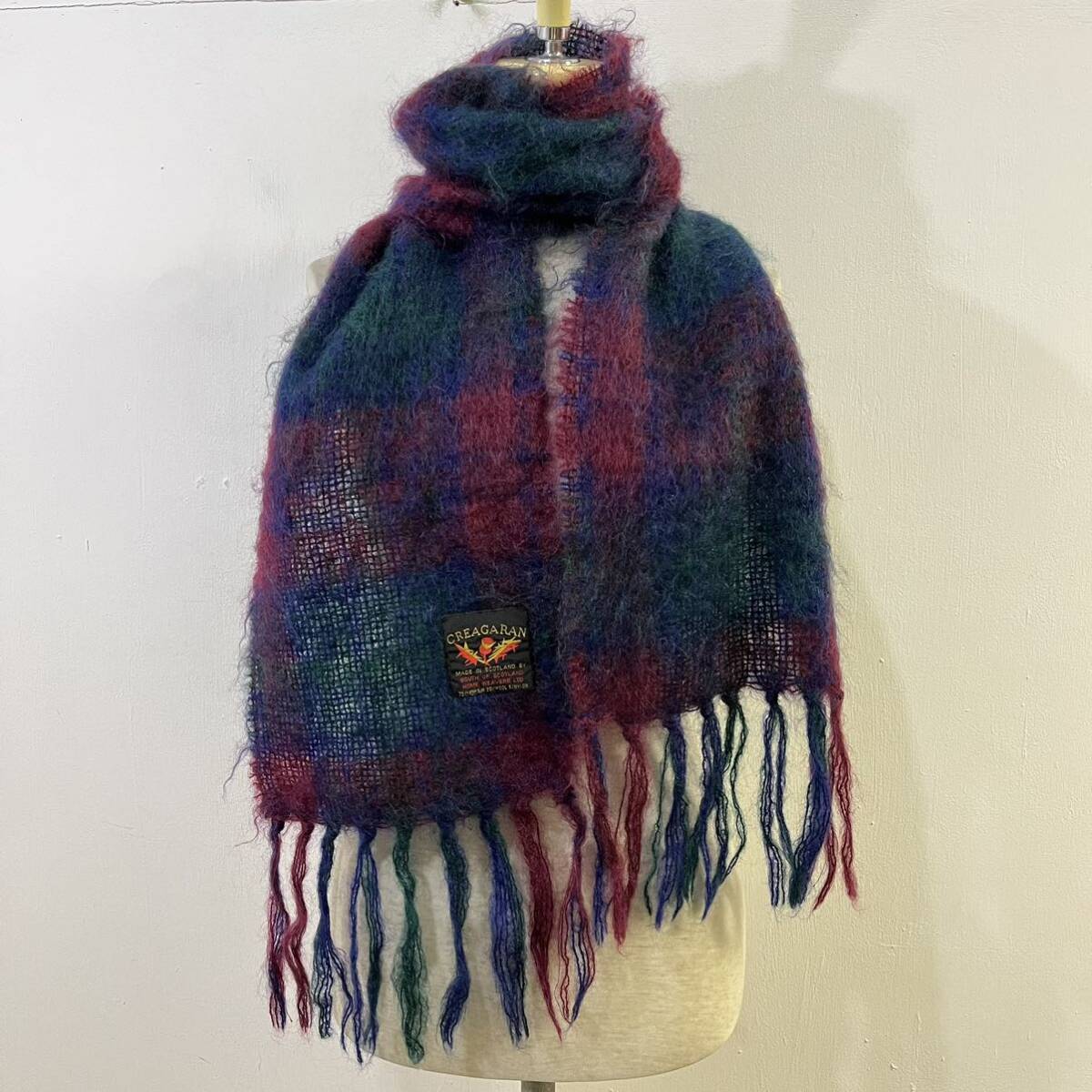 VINTAGE CREAGARAN スコットランド製 モヘアマフラー モヘアストール チェック柄 フリンジ 極上素材 総柄【レターパックプラス郵送可】N拍卖