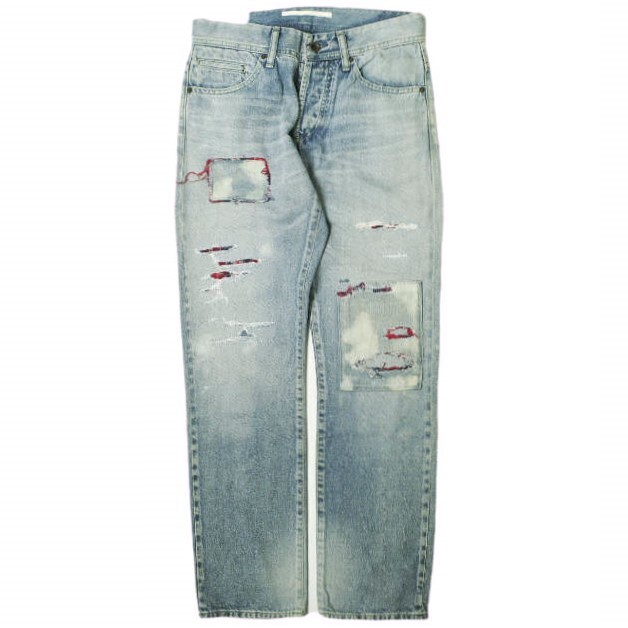 新品 e JEANS イージーンズ 岡山児島 チェックリペアパッチ スリムセルビッチデニムパンツ e-805SV 1 D.INDIGO ジーンズ 定価41,800円拍卖