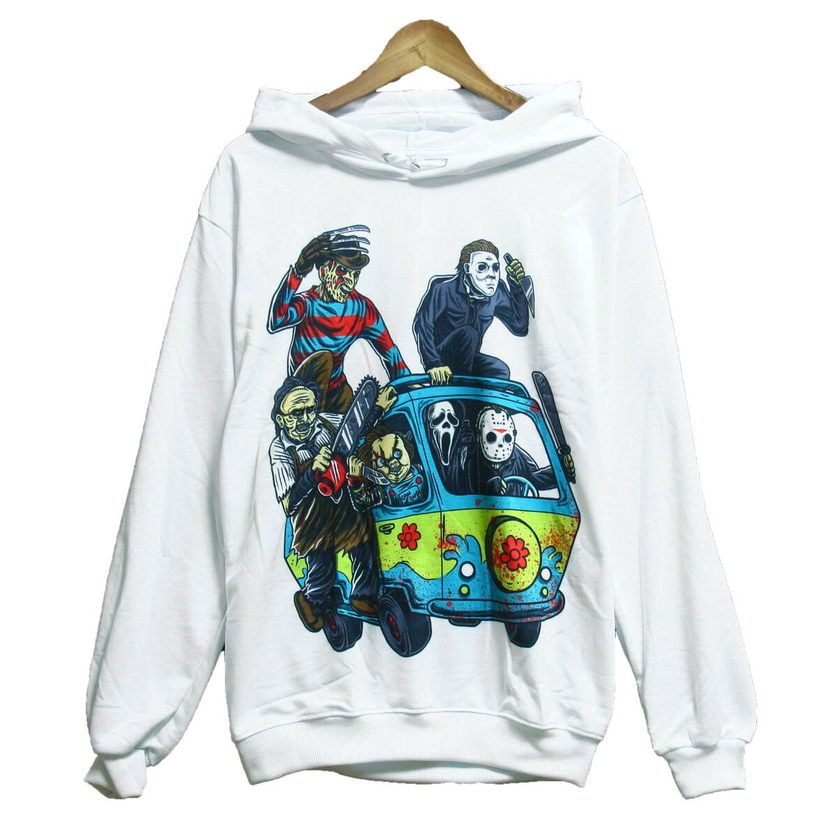 プルオーバーパーカー チャッキー ジェイソン ハロウィン ホラー映画 チャイルドプレイ スウェット フード付き 薄手 ★pk0061-wht-m拍卖