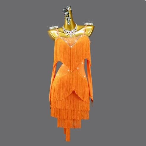 人気品レディース社交ダンス衣装 ラテンドレス ダンス練習試合競技用ワンピース フリンジ飾 サイズオーダー対応 オレンジ色 セット品拍卖