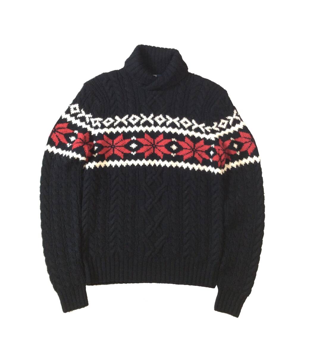 RALPH LAUREN ラルフローレン HAND KNIT ショールカラー ニット セーター ノルディック柄 ウール ケーブルニット 黒/赤 メンズ S拍卖