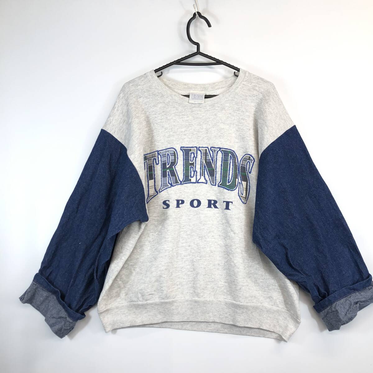 90s USA製 TRENDS スウェット 袖デニム生地 フリーサイズ拍卖