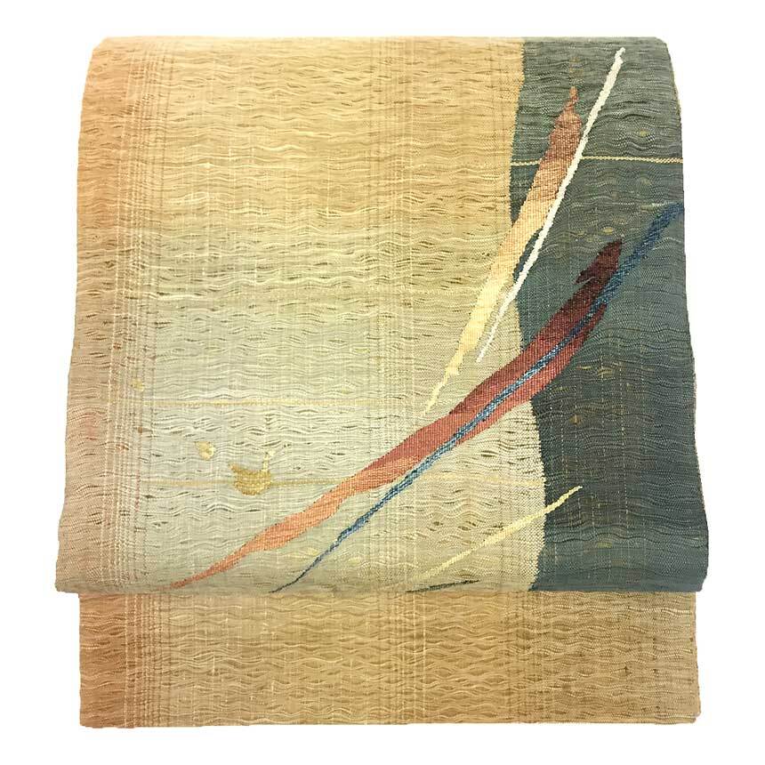 京やK344 正絹 長尺 ロングサイズ 3.7メートル以上 名古屋帯 京袋帯 すくい織 織の帯 袷・単衣の着物にも 3シーズンOK 美品拍卖