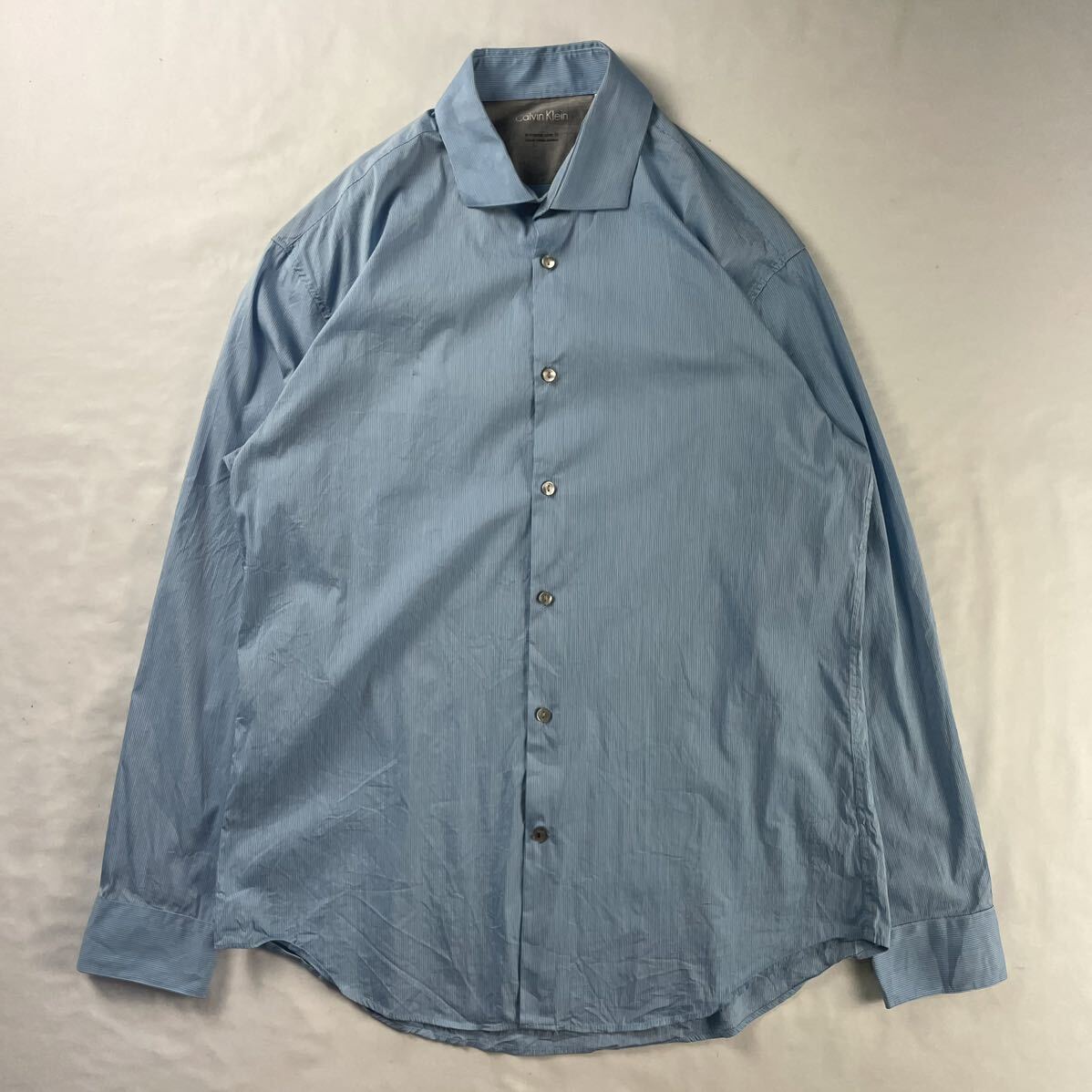 US Vintage Calvin Klein extreme slim fit コットン74% ナイロン23% ライクラ3% ストライプ 淡色 水色 総柄 デザインシャツ ドレスシャツ拍卖
