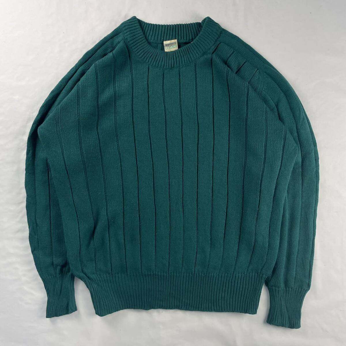 US Vintage 80s WHITEFISH BAY アクリル100% プレーン 単色 グリーン 立体 3D ストライプ ラグラン デザインニット拍卖