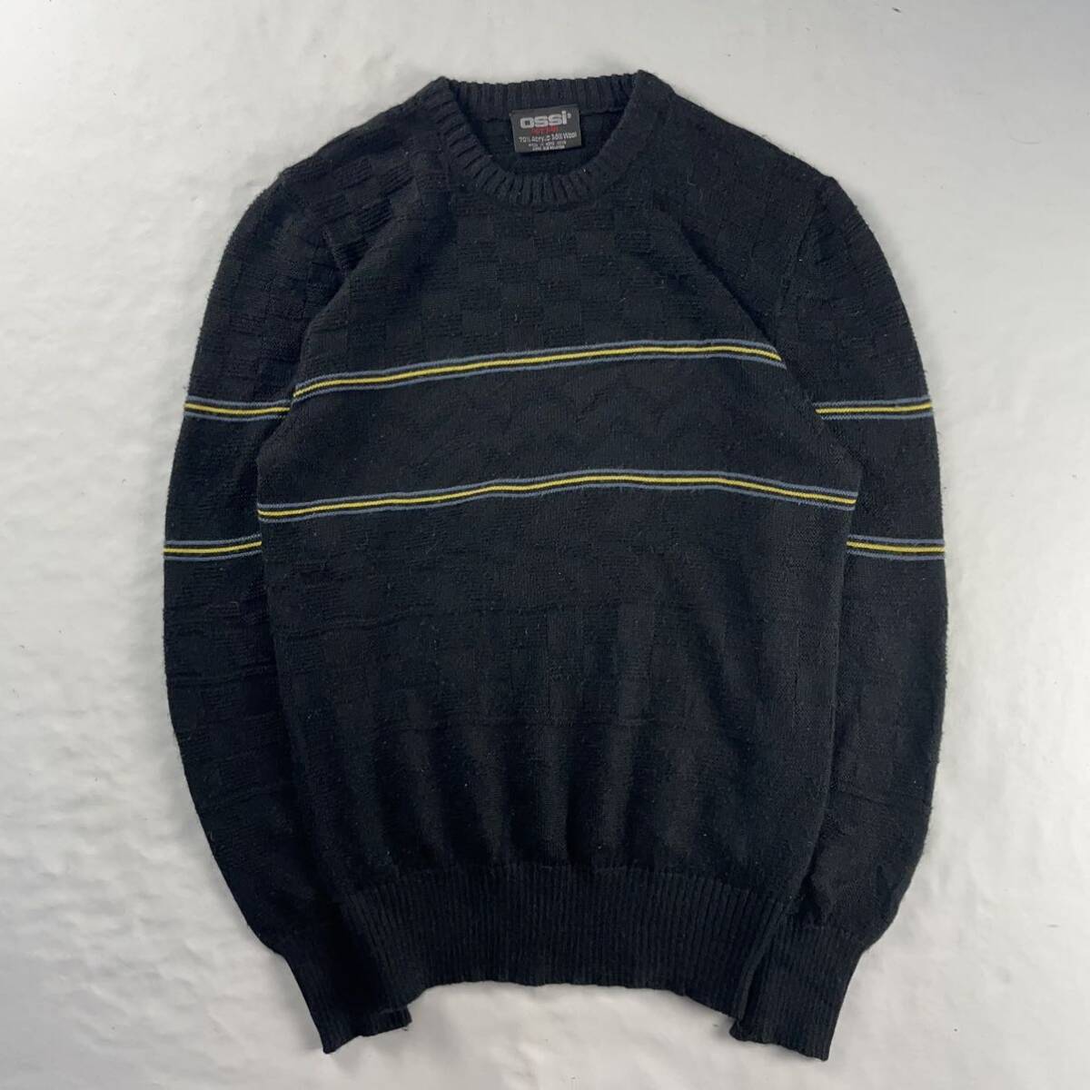 Euro Vintage Ossi Skiwear アクリル70% ウール30% 立体 3D 編込み 幾何学模様 ブロック ボーダー アーガイル 総柄 デザインニット拍卖