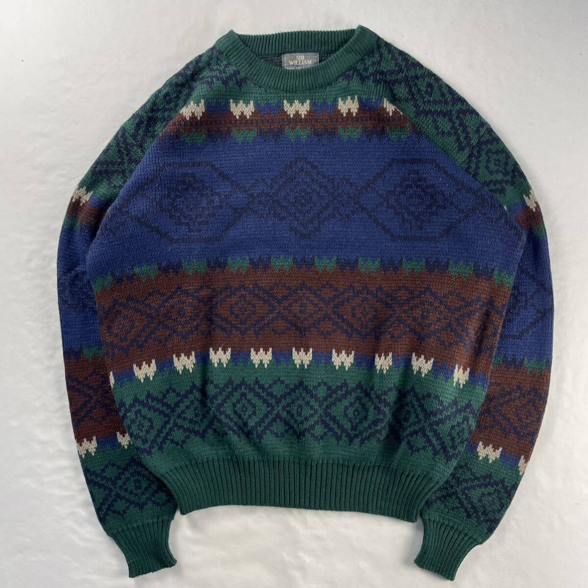 US Vintage 90s SIR WILLIAM アクリル100% マルチカラー クレイジーパターン 幾何学模様 アート レトロ 総柄 デザインニット拍卖