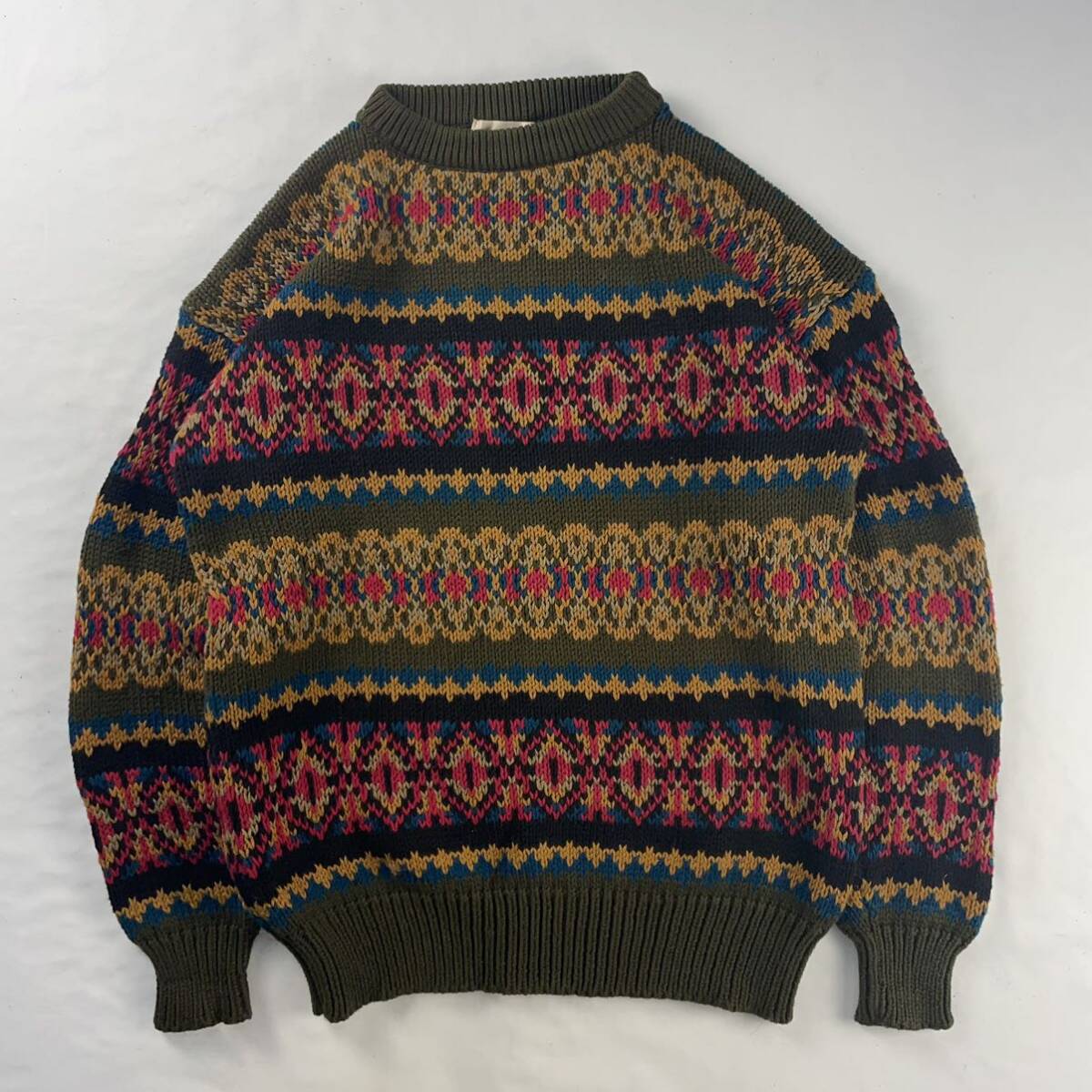 Euro Vintage 90s CRICKET コットン100% 好配色 マルチカラー 肉厚 フェアアイル柄 エスニック 幾何学模様 個性的 総柄 デザインニット拍卖