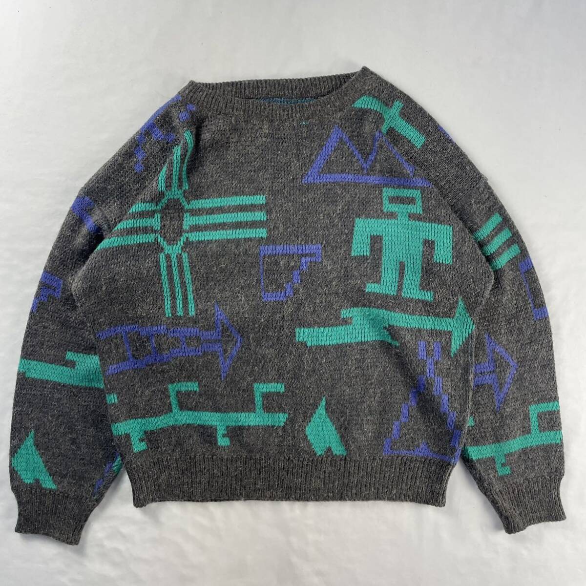 Vintage Unknown アクリル くすみカラー クレイジーパターン ポップ 個性的 幾何学模様 レトロ 総柄 デザインニット拍卖