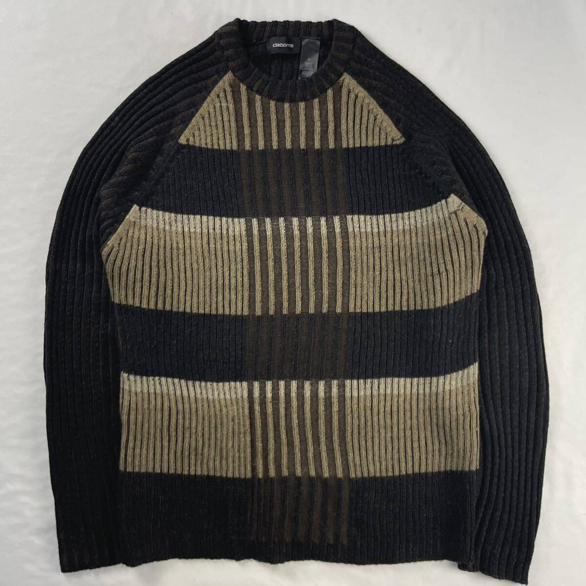 US Vintage 90s claiborne アクリル73% ウール18% アルパカ9% ラグラン 立体 3D 切り替えデザイン 総柄 デザインニット拍卖