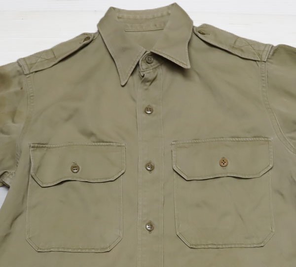 LS58米軍実物ARMYアメリカ古着ミリタリーシャツ50'S60’SビンテージKHAKIカーキシャツ裾マチ付き長袖シャツ綿100オールド&レトロ拍卖