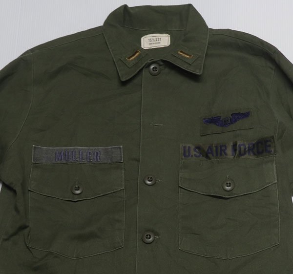 LS79米軍実物ARMYアメリカ古着ユーティリティシャツUTILITYボックスシャツ80’Sビンテージ長袖シャツ綿ポリ混パッチ付き15H緑系オールド拍卖