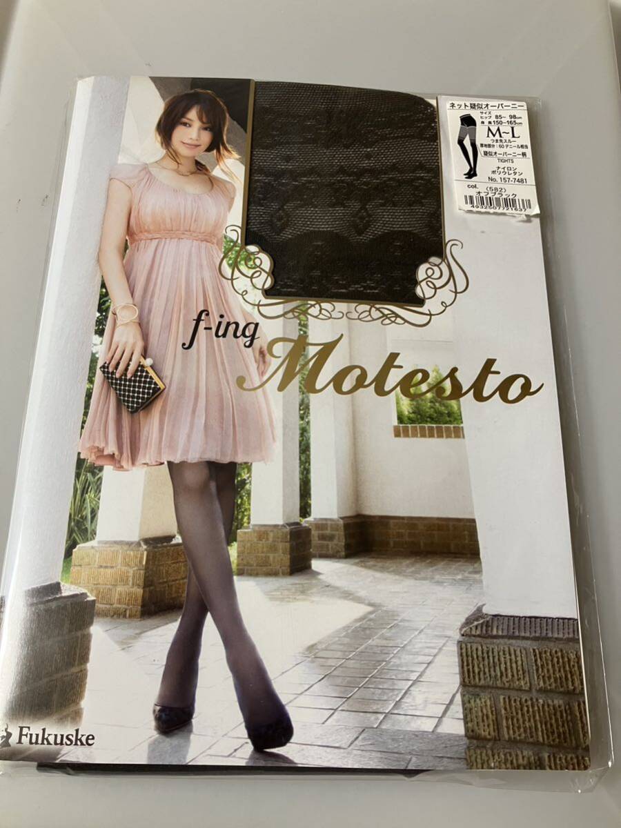 【送料無料】 fukuske f-ing motesto ネット擬似オーバーニー柄 タイツ オフブラック 福助 tights 黒 デザイン 編み 網 フェイク 蛯原友里拍卖