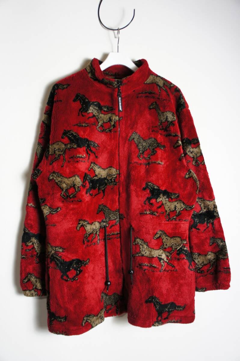 希少 美品 90s Black Mountain ブラックマウンテン 馬 アニマル 柄 フリース ボア ジャケット ブルゾン 赤 サイズXL 本物 810O★1拍卖