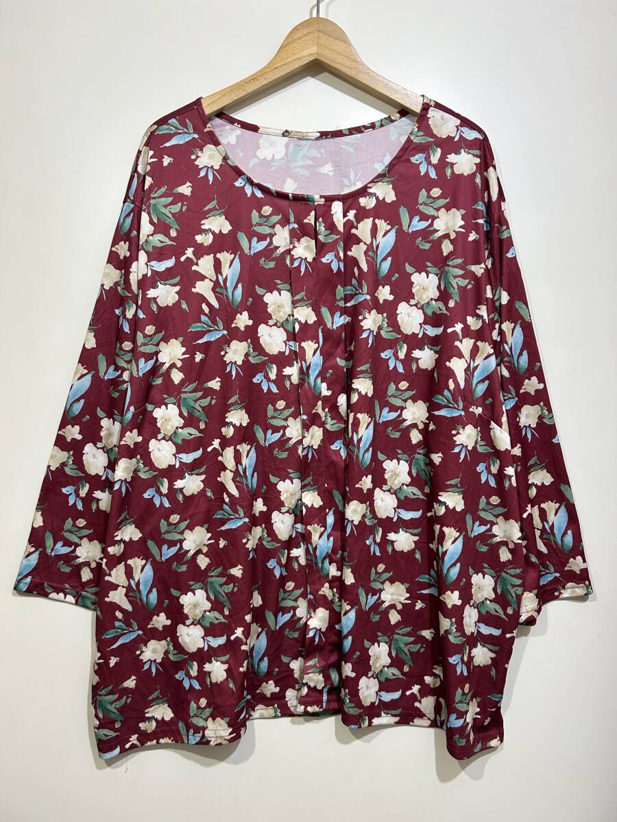 オールド レトロ古着 花柄 フラワー総柄 プリント プルオーバー チュニック ノーカラー 長袖ブラウス えんじ ボルドー 大きいサイズ拍卖