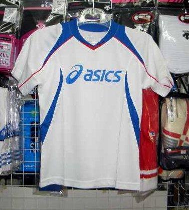 XS6227 アシックス ジュニア半袖シャツ 白×青 ホワイト×ブルー 130cm asics キッズ 子供 新品 レトロ 即決*拍卖