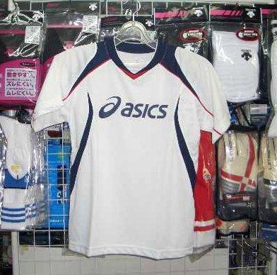 XS6227 アシックス ジュニア半袖シャツ 白×紺 ホワイト×ネイビー 160cm asics キッズ 子供 新品 レトロ 即決*拍卖