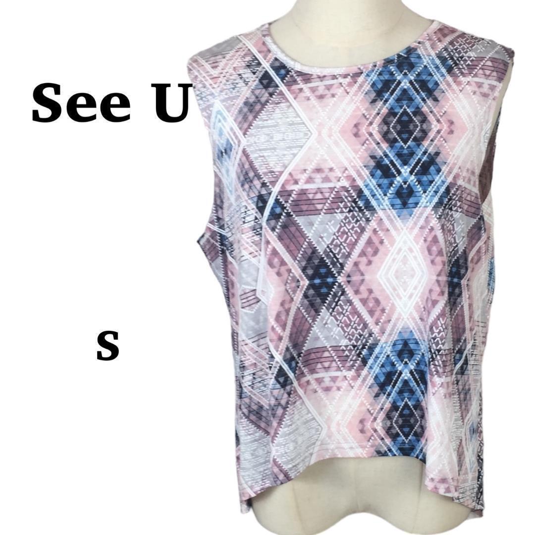 C0447 ①See U【S】袖なし Tシャツ チェック柄 ユニセックス オシャレ ピンク拍卖