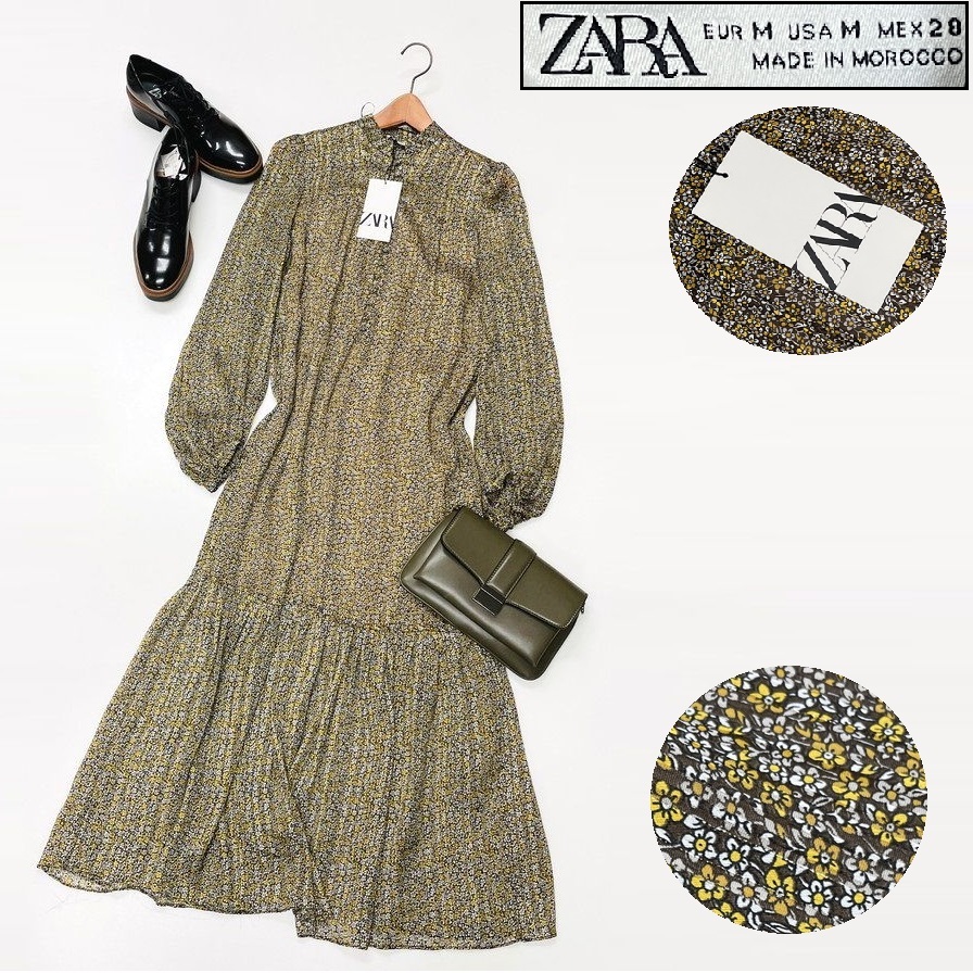 /M/ ZARA ブラウン系花柄 長袖ロングワンピース レディース タグ カジュアル ドレス フェミニン 大人可愛いガーリーデイリー ザラ拍卖