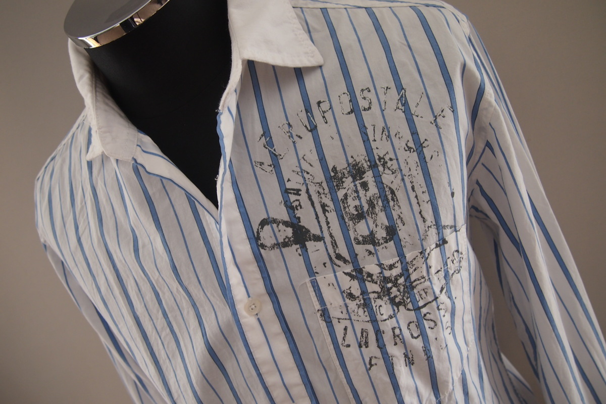 エアロポステール★長袖シャツ★ストライプ柄★かすれプリント★フリンジ加工ナンバリングワッペン★切替★S/Pサイズ★AEROPOSTALE拍卖