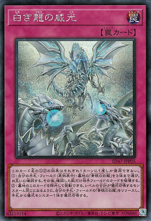 遊戯王カード 白き龍の威光(シークレットレア) 青き眼の光臨(SD47) 通常罠 シークレット レア拍卖