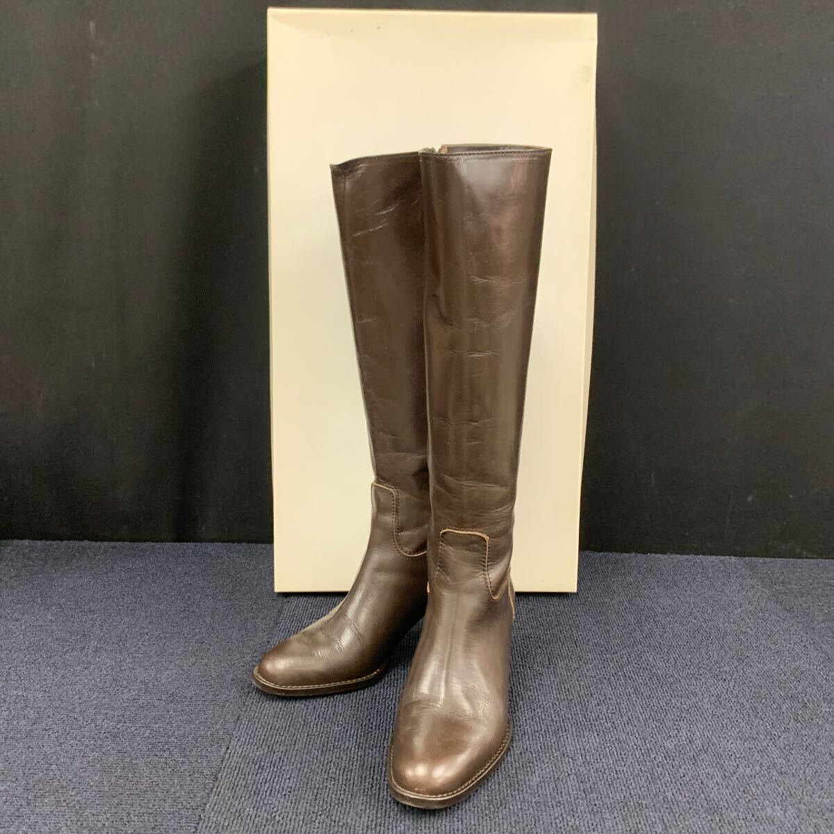 【箱付き】SHIPS シップス ロングブーツ レザーブーツ サイドジップ 牛革 ブラウン 茶色 35 1/2 23cm ヒール5.5cm F11拍卖