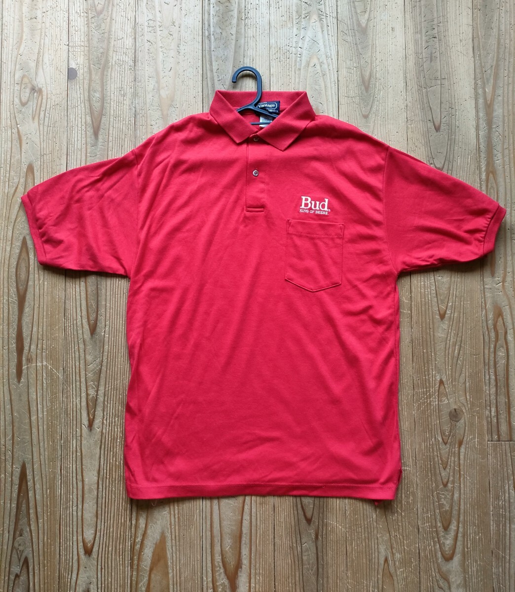 ☆美品☆ 希少 USA製 バドワイザー ポロシャツ 企業ロゴ ワンポイント 刺繍 レッド 赤 Lサイズ ビール拍卖