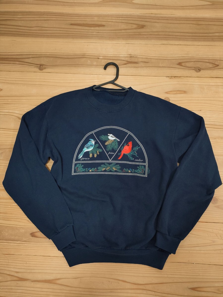 ★美品・希少★ 1996年製 コピーライト入り ARTISANS スウェット トレーナー 鳥 小鳥 刺繍 薄手 ネイビー 紺 Lサイズ相当拍卖