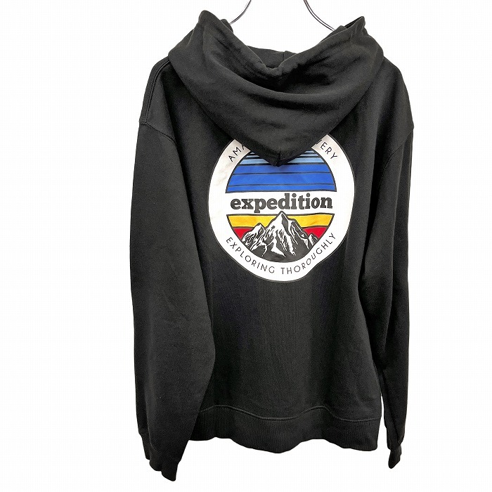 WEGO プルオーバー パーカー スウェット 裏毛 『expedition』 山 両面プリント 長袖 ポリ×綿 M ブラック 黒×白×青×赤×黄 メンズ拍卖