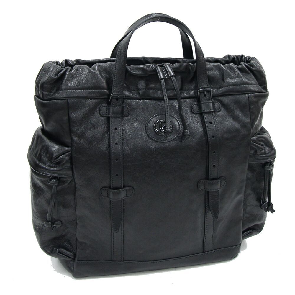 グッチ トートバッグ ドローストリング トートバッグ 725664 ブラック レザー 中古 黒 裏地GG ロゴ 大きめ メンズ拍卖