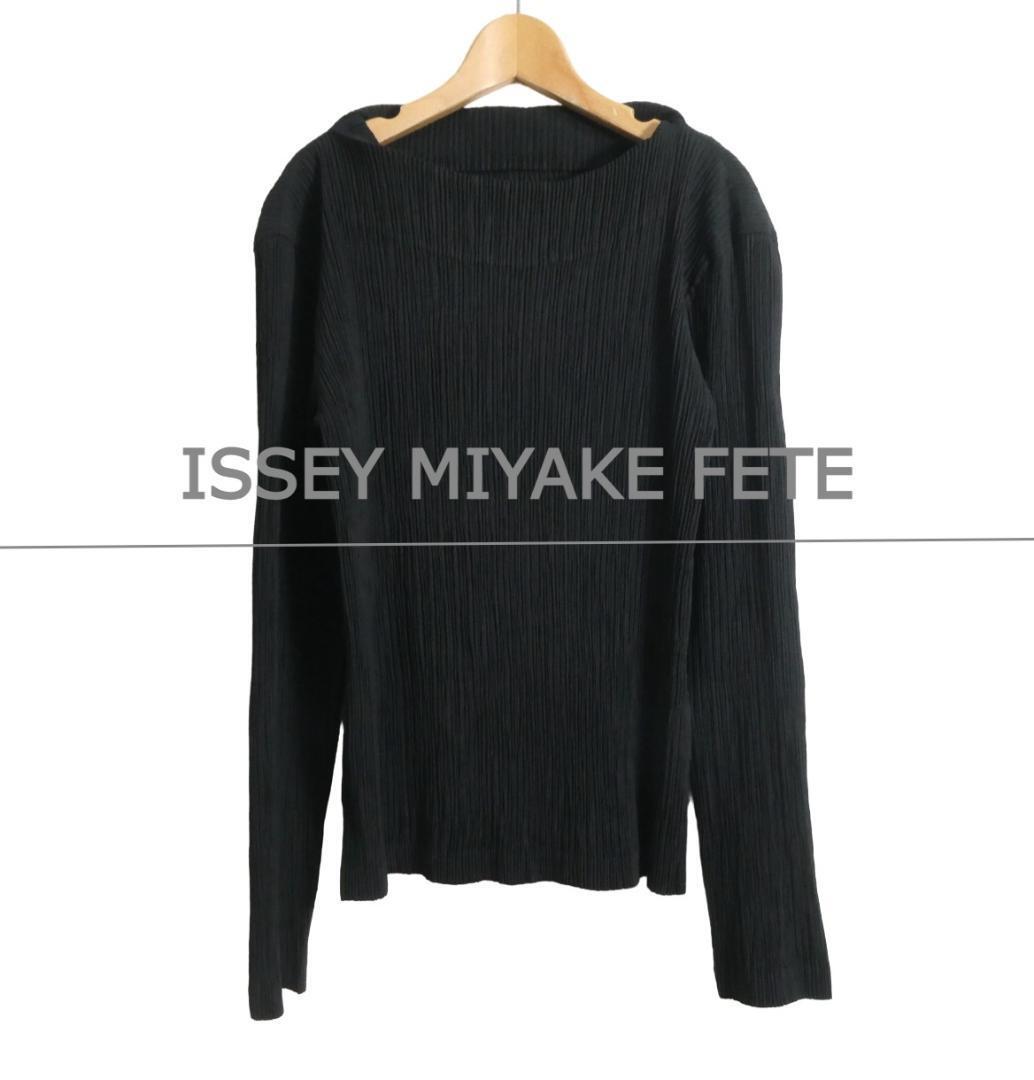 美品 ISSEY MIYAKE FETE イッセイミヤケフェット サイズ3 プリーツ ボートネック 長袖 カットソー トップス ブラウス 黒 ブラック拍卖