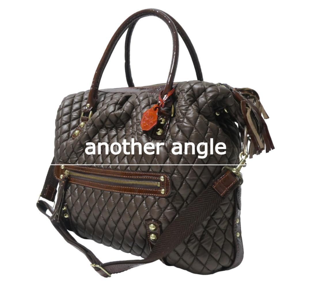 美品 another angle アナザーアングル ナイロン系×レザー チャーム 2WAY キルティング ハンドバッグ ショルダーバッグ 茶 ブラウン拍卖