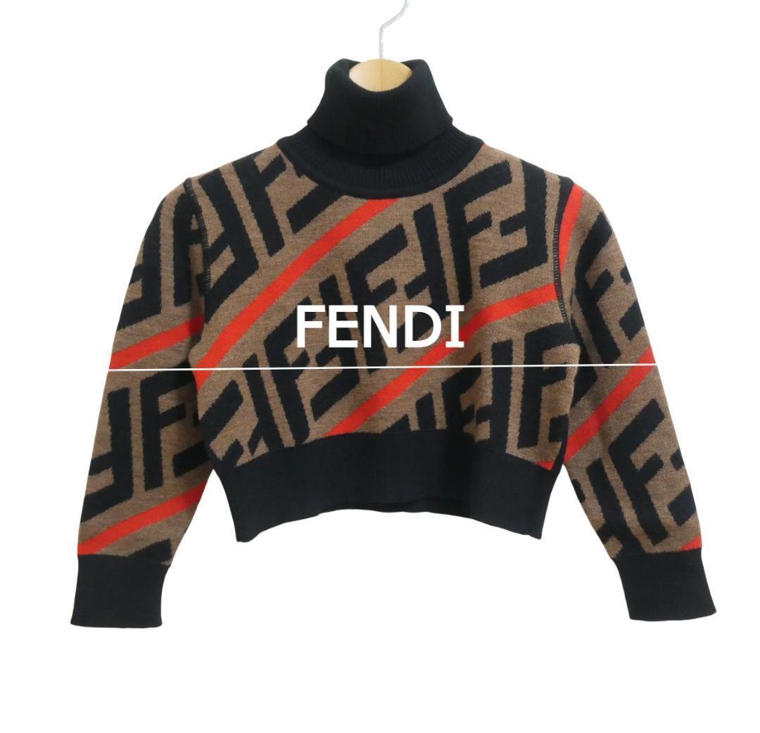 美品 FENDI KIDS フェンディ キッズ サイズ4A ズッカ柄 ショート丈 タートルネック ニット セーター プルオーバー 茶 ブラウン拍卖